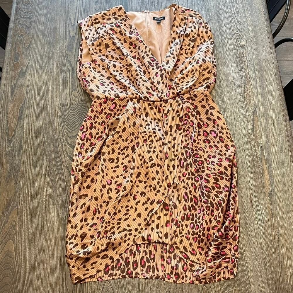 Express Mini Sheath Dress Leopard Print Draped Satin V-Neck Tan/Multi Size L